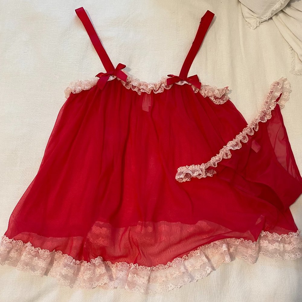 Victoria's Secret - Berry Pink/Red - Mesh Babydoll Set - Size Medium